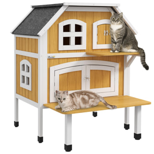 Casa para Gatos de Madera 78x82x93 cm Caseta para Gatos de 2 Niveles Refugio para Gatos con Techo Asfáltico Terraza y Plataforma de Salto Natural