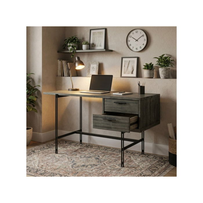 Bureau en bois massif cendré et métal noir 140 cm - BELLAGIO