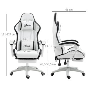 Silla Gaming Silla Gamer Racing de Cuero PU con Altura Ajustable Reclinable 135° Reposacabezas y Reposapiés Retráctil para Oficina Estudio 65x65x121-129 cm Blanco