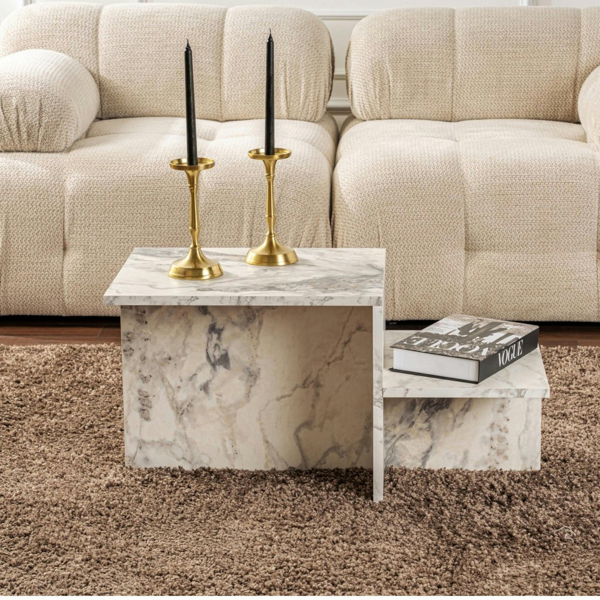 Table basse moderne effet marbre blanc - 2 niveaux MARFA