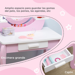 Tocador para Niñas de 3-6 Años con Taburete Espejo y Cajón 65,5x46x93 cm Rosa