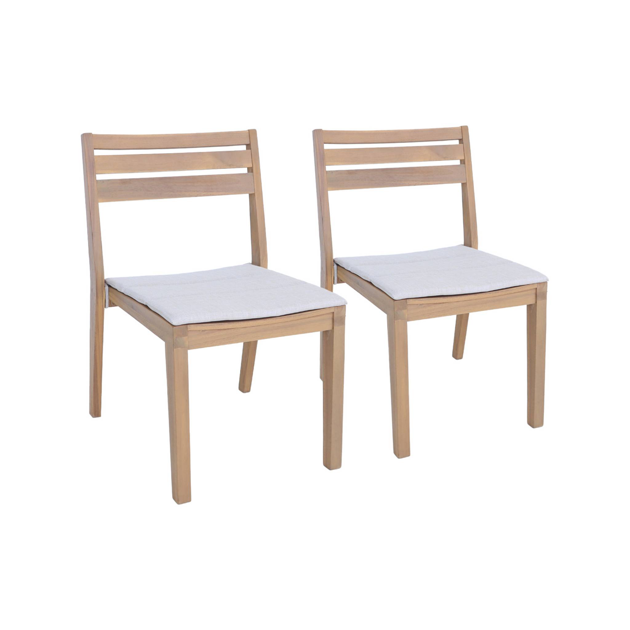 Lot de 2 chaises de jardin beige MERINA bois d'acacia avec coussin. 52 x 55 x 81 cm