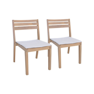 Lot de 2 chaises de jardin beige MERINA bois d'acacia avec coussin. 52 x 55 x 81 cm
