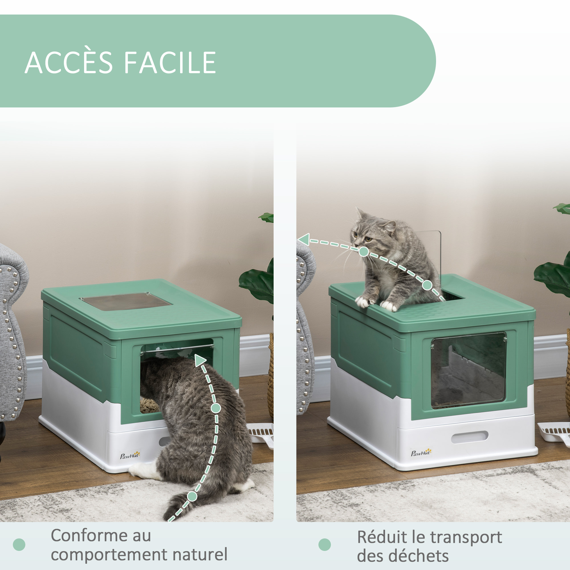 Maison de toilette pliable pour chat - tiroir à litière coulissant, porte battante et trappe transparente, pelle - blanc vert