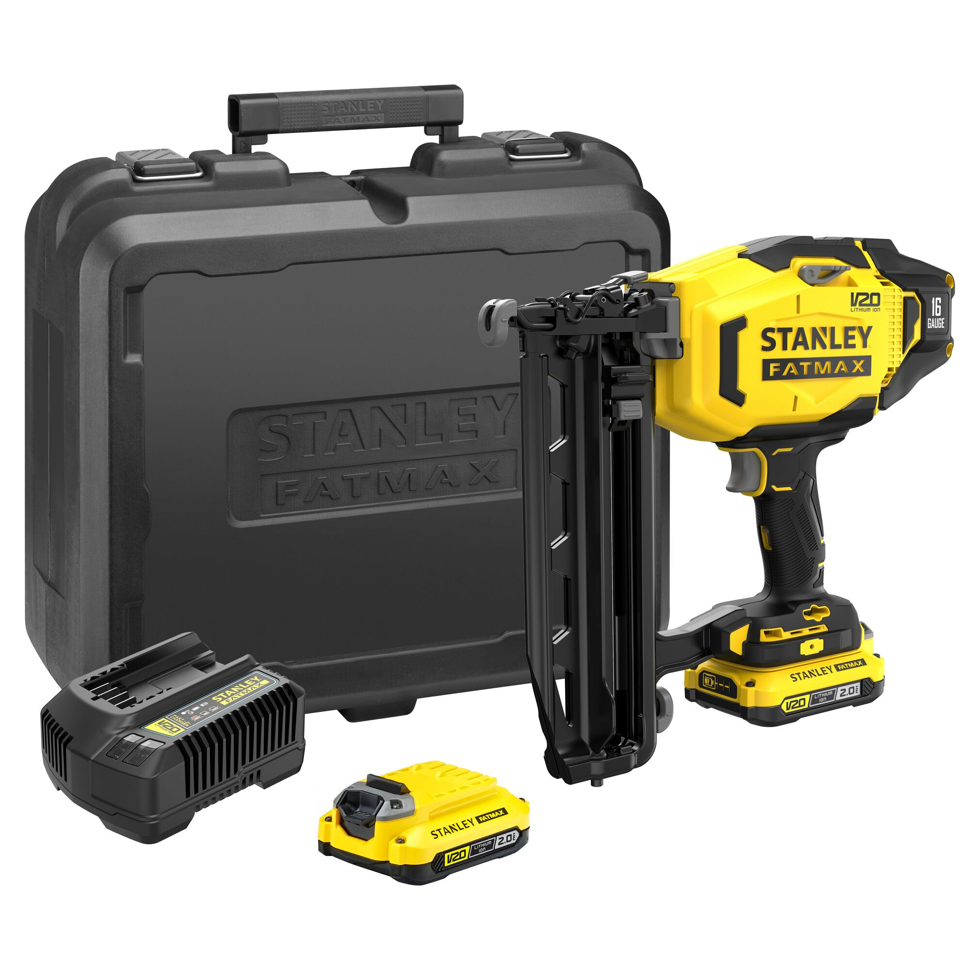 Cloueur de Finition 16g Sans Fil STANLEY FATMAX V20 SFMCN616D2K-QW avec 2 Batteries Li-Ion 18 V 2,0 Ah, 1 Chargeur et 1 Malette de Transport