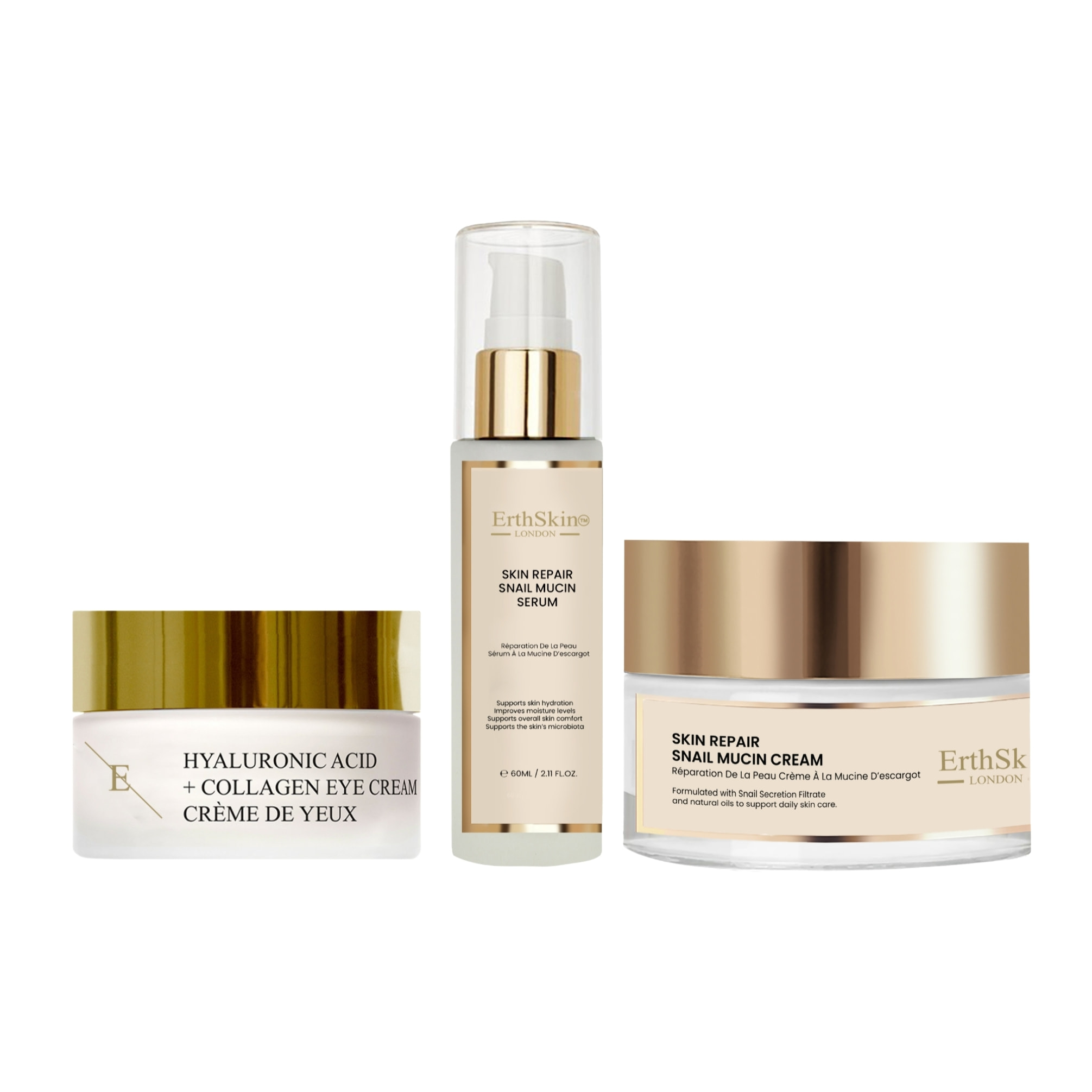 Crema reparadora de baba de caracol + sérum de baba de caracol + crema contorno de ojos antiedad
