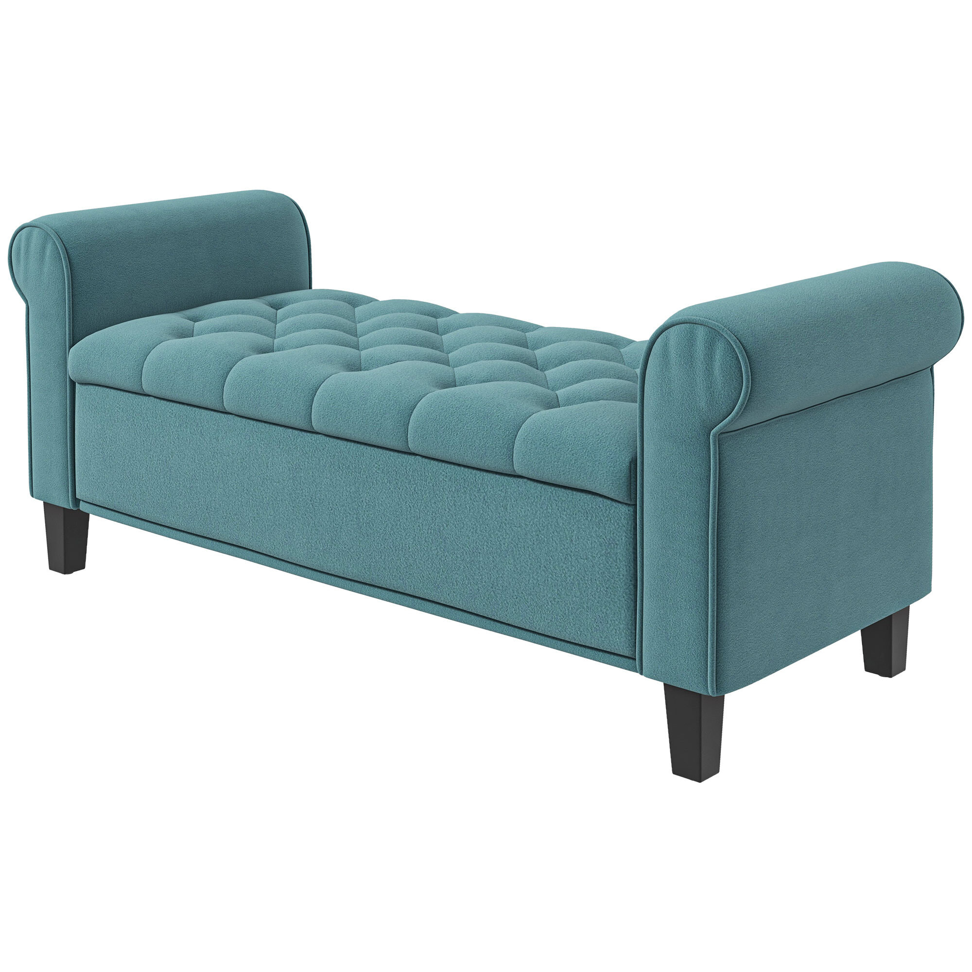 Banc coffre banquette coffre de rangement velours dim. 126 x 48,5 x 57 cm piètement bois hévéa noir turquoise