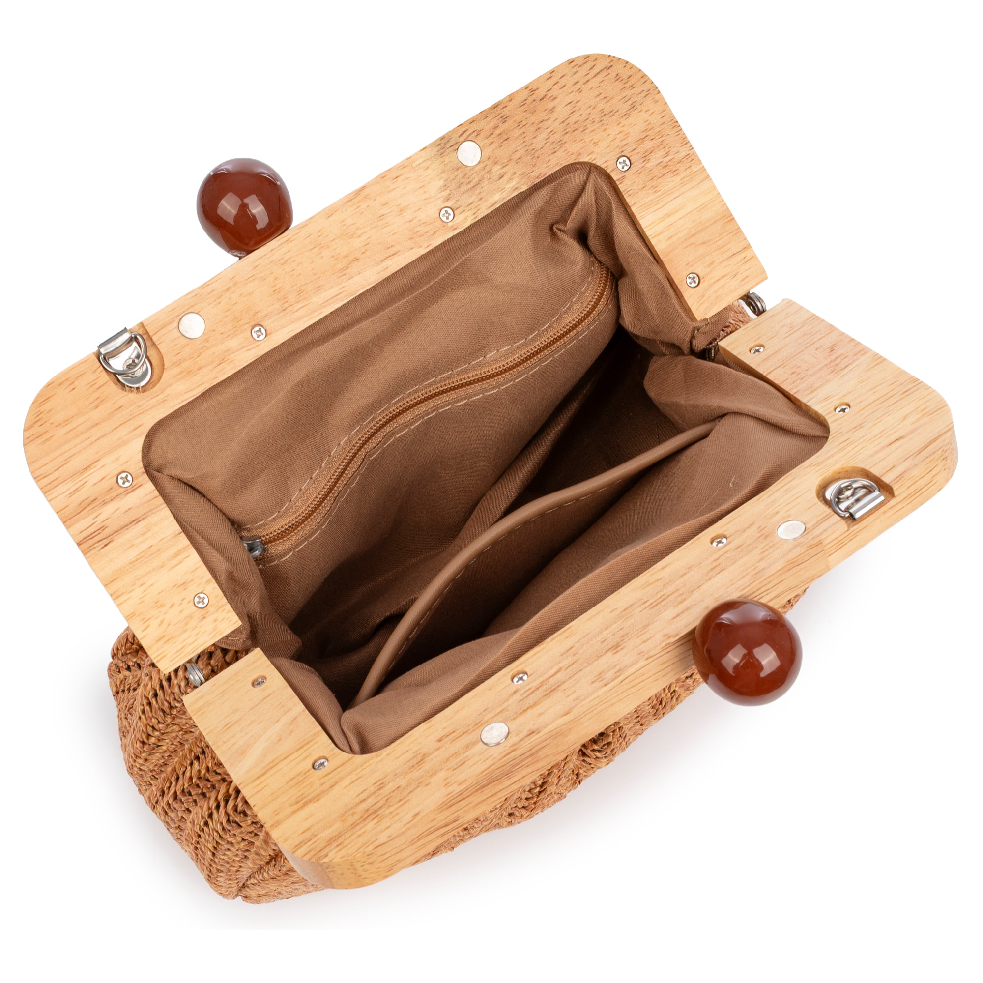 BeneLario Bolso bandolera Mujer. Tela con detalles de madera natural y piel sintética.