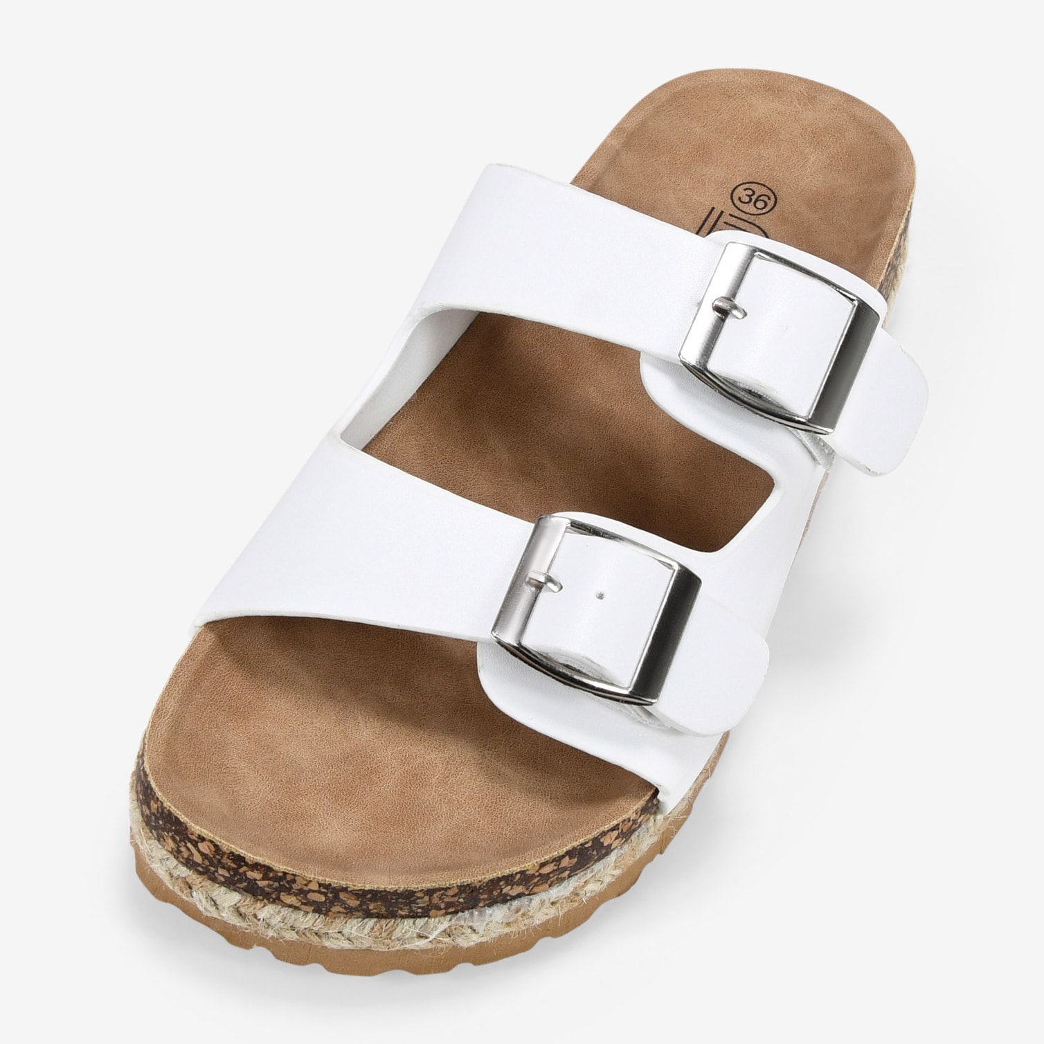 Sandalias planas blancas con suela de corcho y esparto