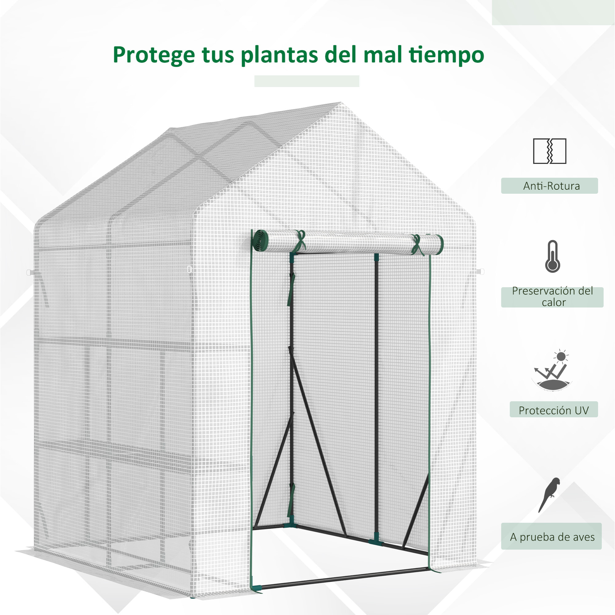 Invernadero de Exterior Invernadero Pequeño con 4 Estantes Puerta Enrollable con Cremallera y Marco de Acero Invernadero para Cultivos Plantas Flores 143x143x195 cm Blanco