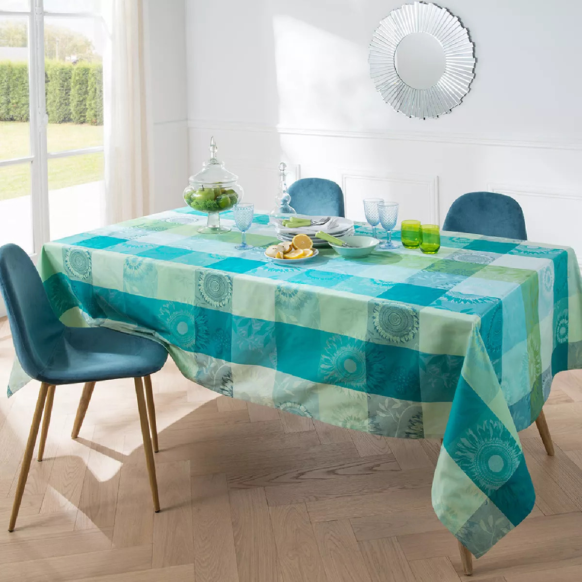 Chemin de table pur coton motif jacquard vert Mille tournesols chlorophylle