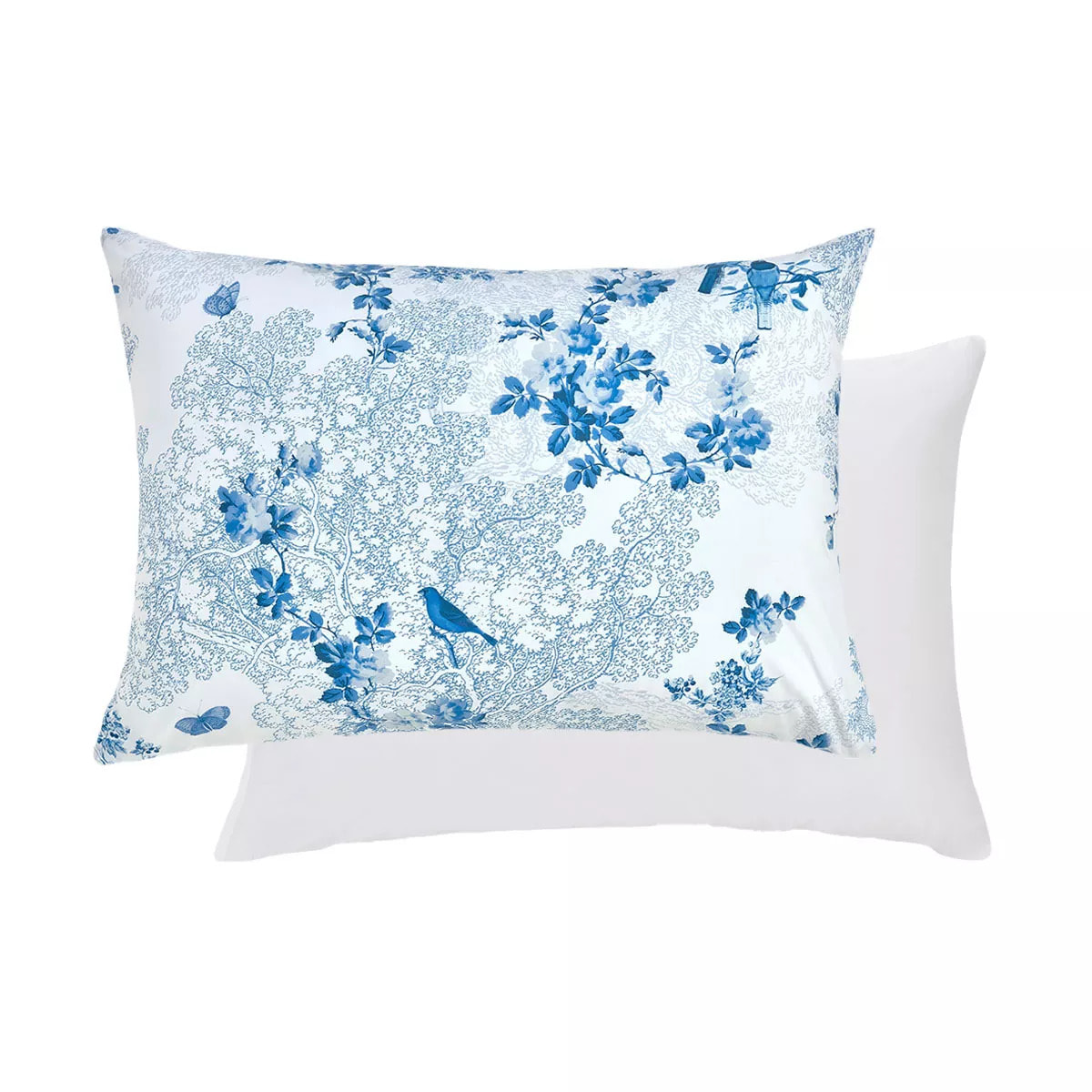 Taie d'oreiller percale de coton 115 g/m² imprimé blanc bleu Voliere bleu