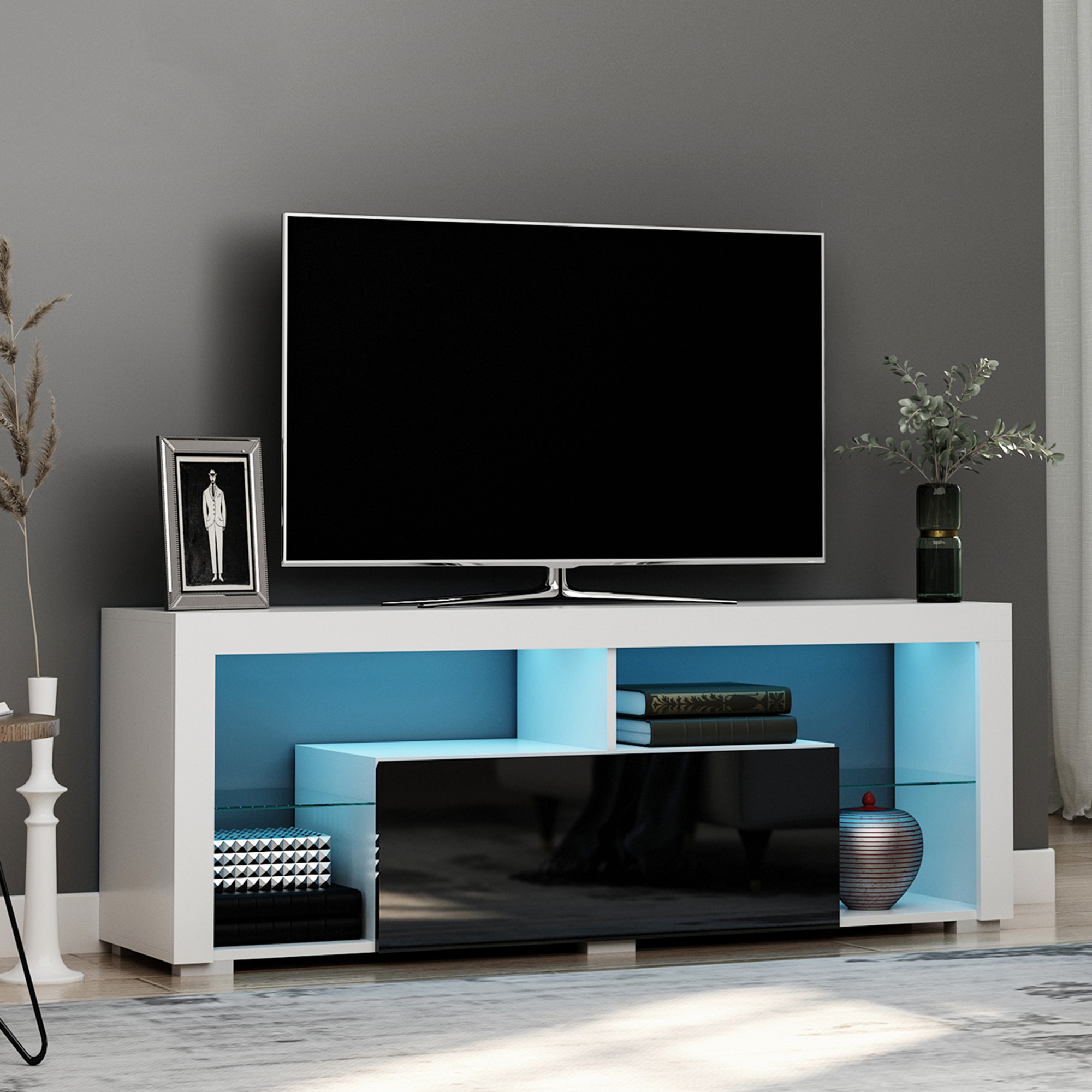 Mueble de TV para Televisiones de 55”Pulgadas Mesa para TV de Salón con Luz LED 6 Modos de Colores Mando a Distancia Cajón y Estantes de Cristal Ajustables 140x35x52 cm Blanco