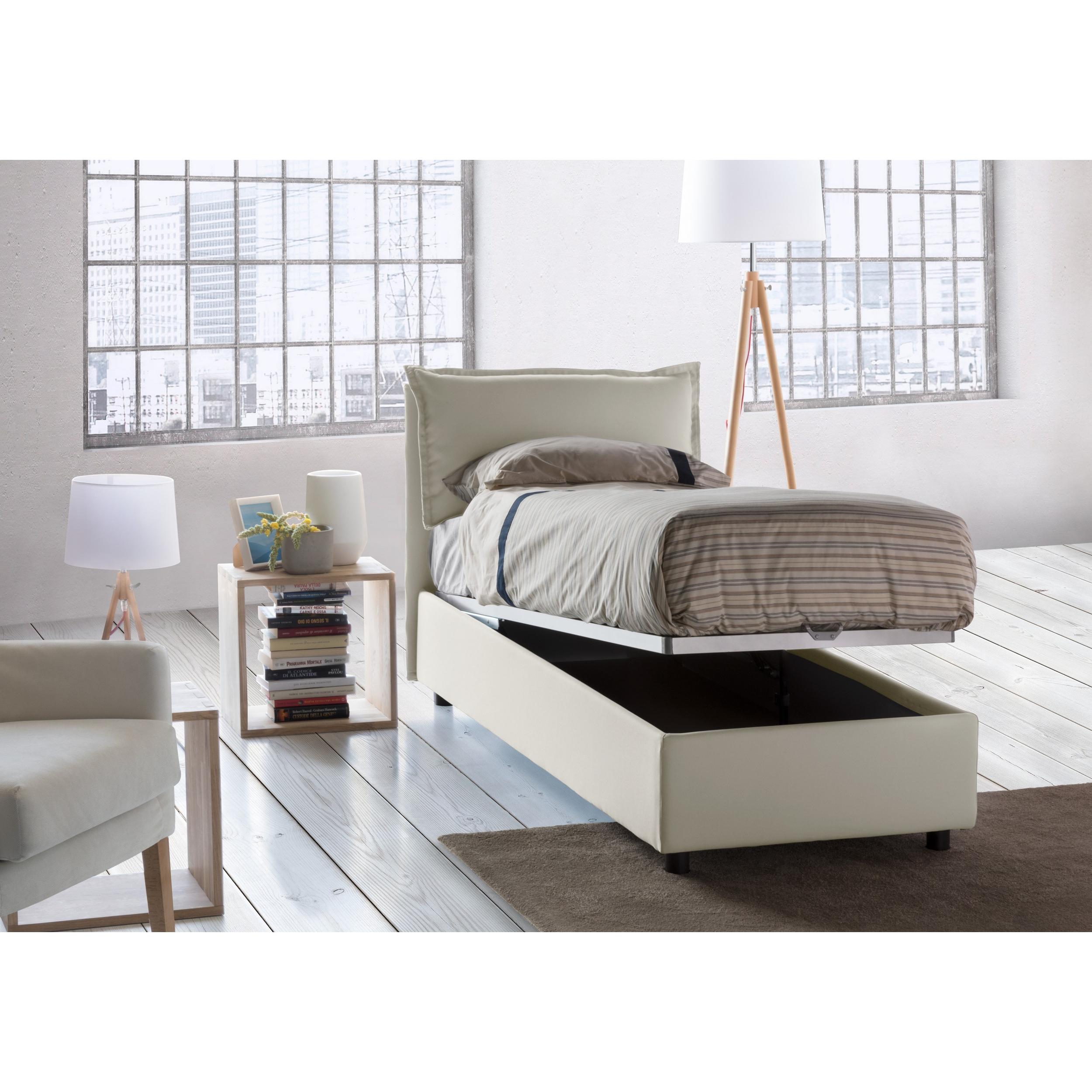 Letto singolo Carolina, Letto contenitore con rivestimento in tessuto, 100% Made in Italy, Apertura frontale, con materasso Cm 80x190 incluso, Beige