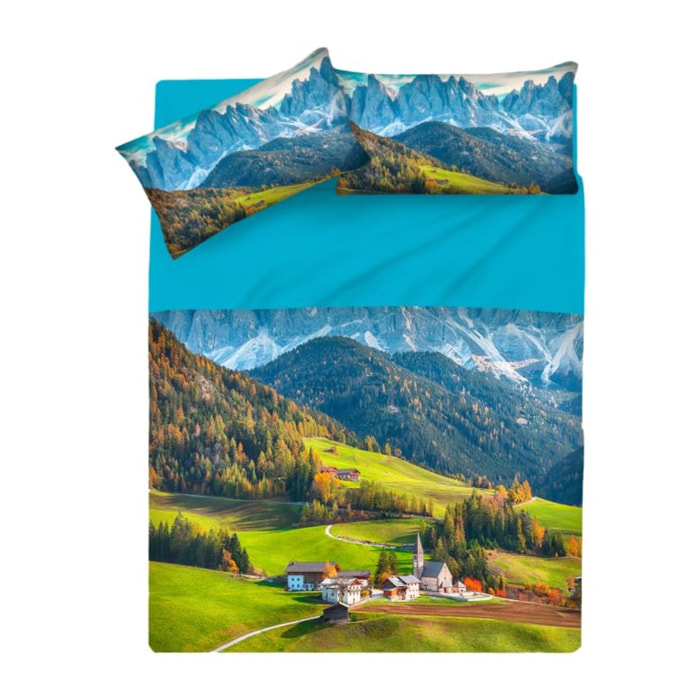 INTRECCI Completo Lenzuola Singolo in Cotone, Stampa Alta Qualità, Lenzuolo Sotto + Lenzuolo Sopra + 1 Federa, Comfort, Morbidezza, per Pelli Sensibili, non Stringe in Lavatrice. Fantasia: Alpen