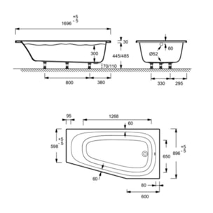 Pack baignoire bain douche 170 x 90 Bastille vidage à droite blanc brillant + tablier en angle + pare-bain chromé