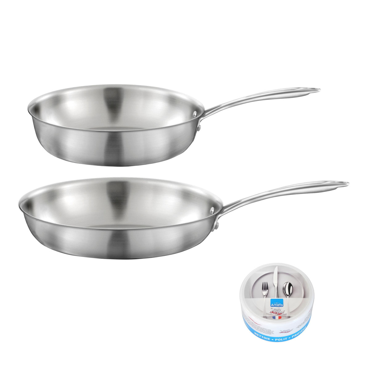 Gourmet - Lot de 1 poêle inox 28 cm, 1 sauteuse inox 24 cm, 1 pierre d'argent® citron 300 g pour l'entretien de l'inox