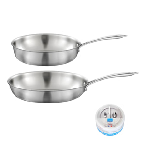 Gourmet - Lot de 1 poêle inox 28 cm, 1 sauteuse inox 24 cm, 1 pierre d'argent® citron 300 g pour l'entretien de l'inox