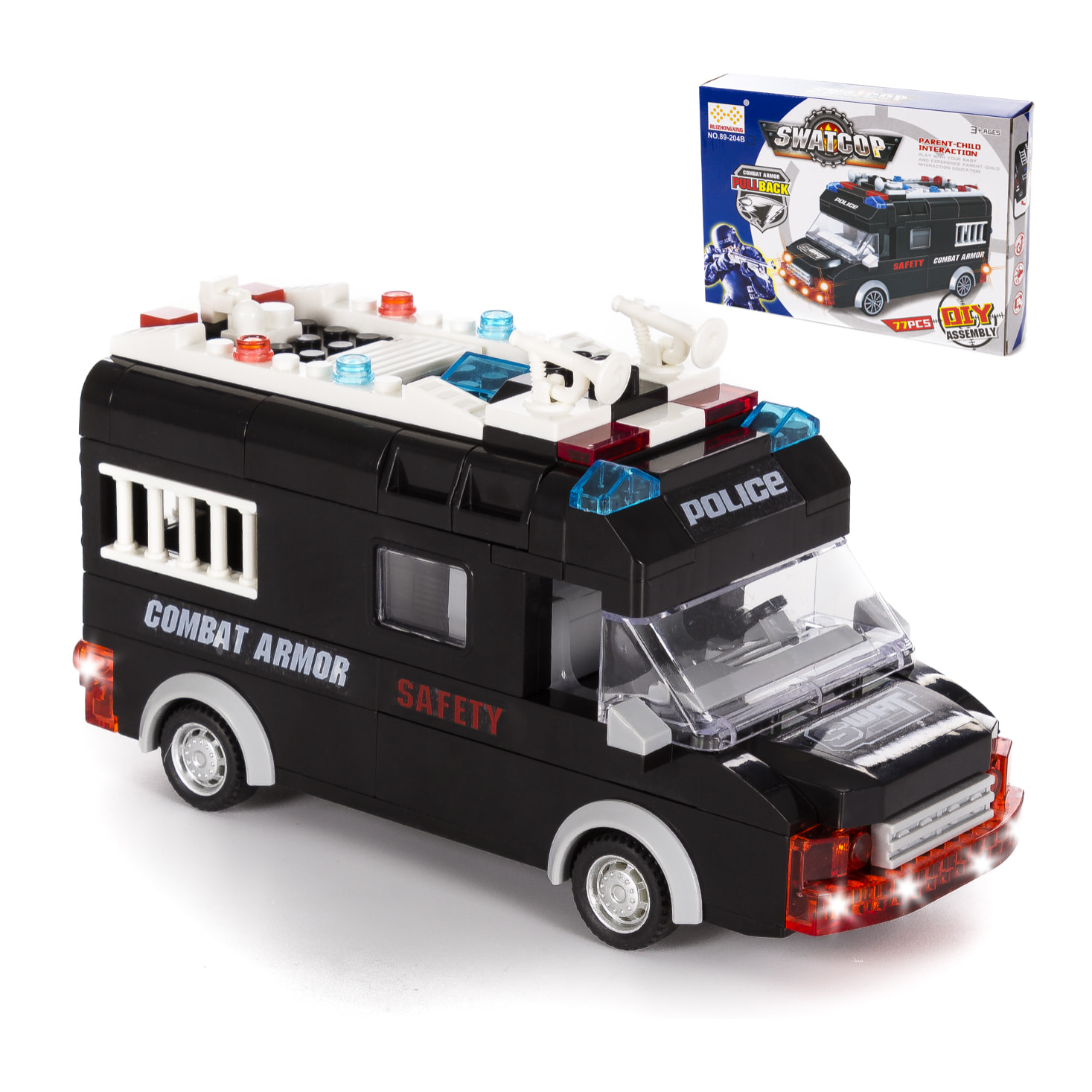 Furgone di polizia SWAT con luci ed effetti sonori. Da costruire, 77 pezzi. Funzionamento mediante inerzia inversa.