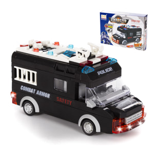 Furgone di polizia SWAT con luci ed effetti sonori. Da costruire, 77 pezzi. Funzionamento mediante inerzia inversa.