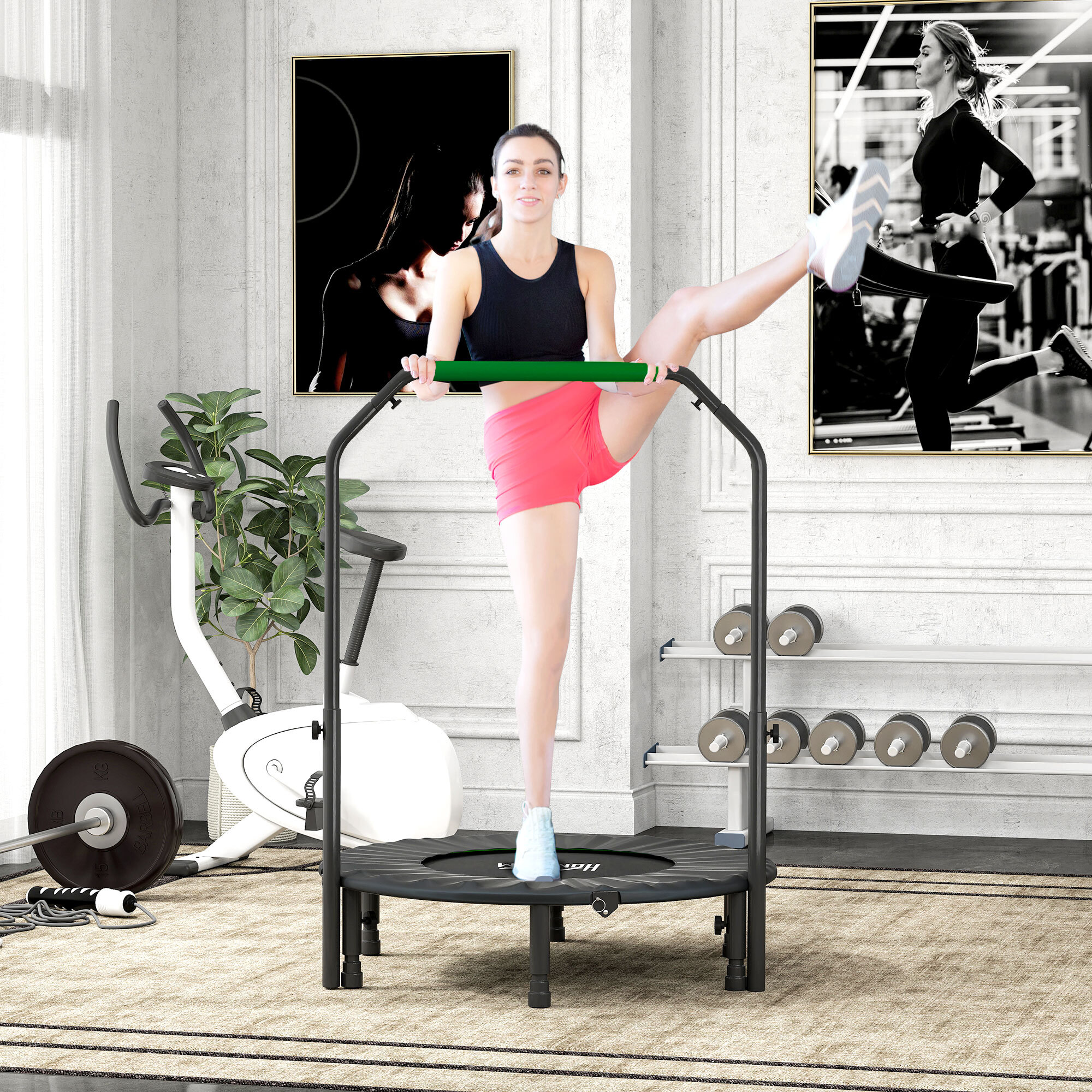 Trampolín de Fitness Adultos Ø102 cm, Cama Elástica Plegable con Mango Ajustable de 4 Niveles, Marco de Acero, para Entrenamiento Piernas, Cuerpo en Hogar, Oficina, Gimnasio, Negro y Verde