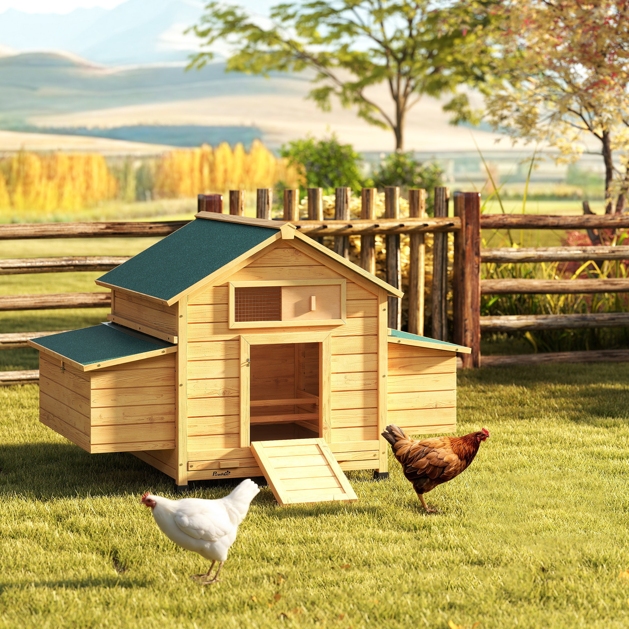 Gallinero de Madera para Exterior, Caseta para Gallinas con 2 Nidos, Bandeja Extraíble, Perchas, Techo Impermeable, Casa para 2-4 Gallinas y Conejos, 150x100x96,5 cm, Amarillo