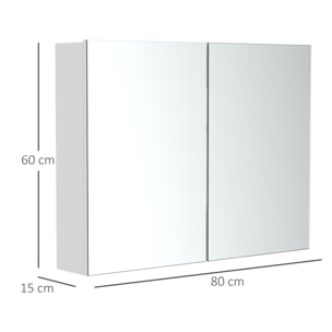 Armoire miroir de salle de bain 2 portes étagères dim. 80 x 15 x 60 cm blanc