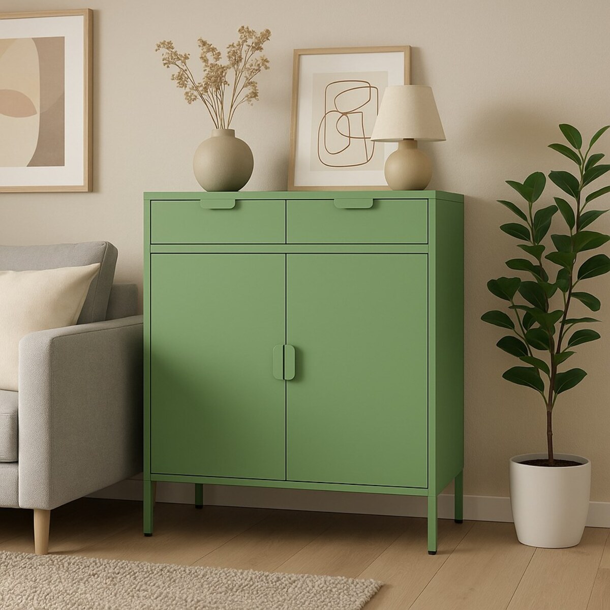 Credenza metallo 2 ante e 2 cassetti 80x38x110cm verde salvia - Pop