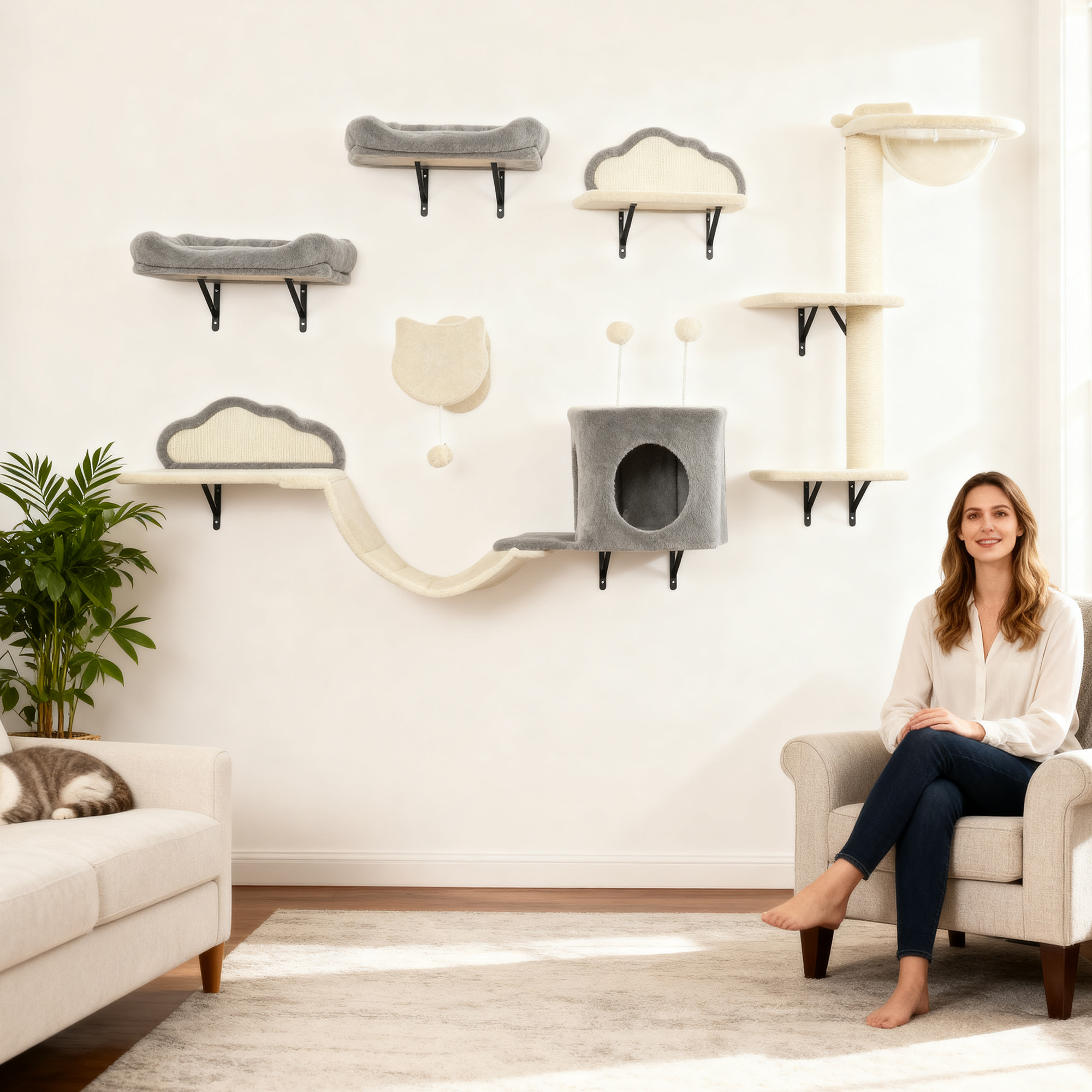 Arbre à chat design mural - parcours mural en bois pour chat 6 pièces variées - crème gris