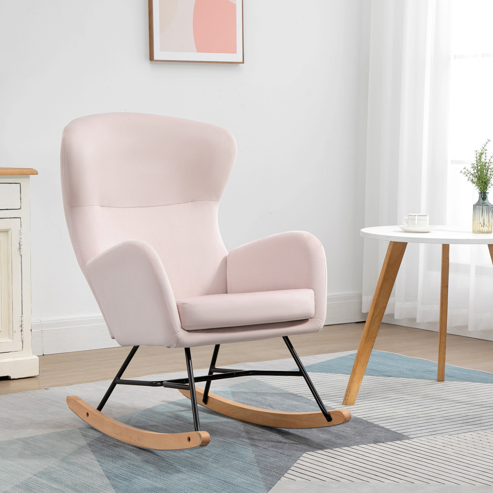 HOMCOM Silla Mecedora Tapizada en Terciopelo Sillón Balancín Relax con Asiento Acolchado Reposabrazos y Pies de Madera de Haya para Salón Dormitorio 65x87x102 cm Rosa