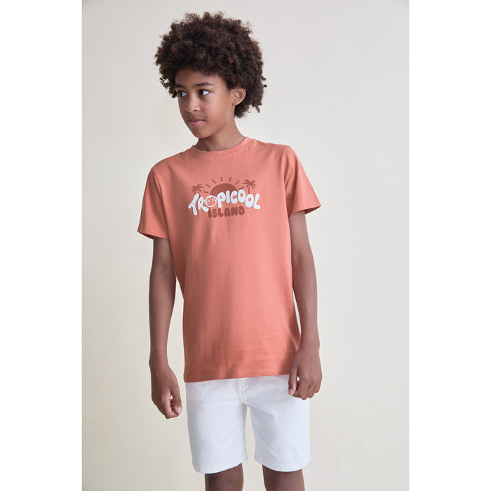 Camiseta de manga corta con estampado tropical "Tropicool Island" con palmeras y sol en el pecho | Color: Caldera | Street Monkey