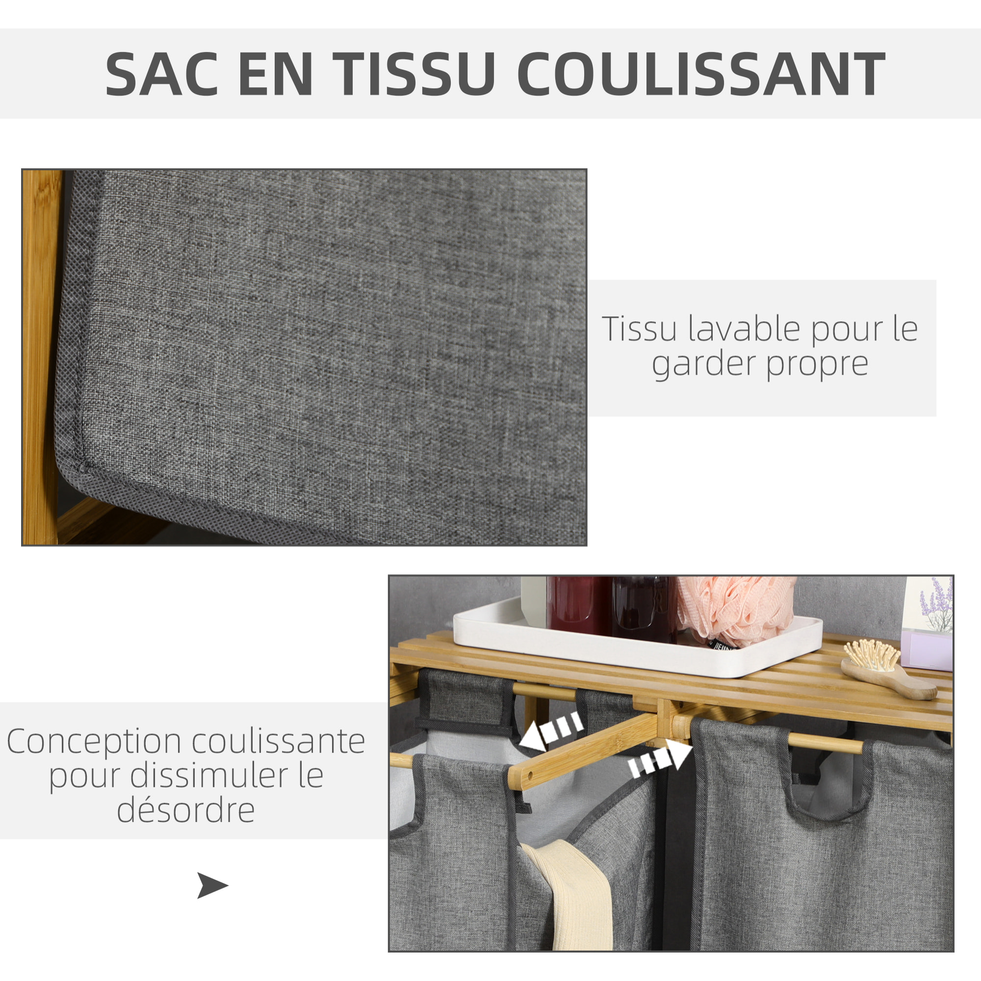 Panier à linge corbeille à linge en bambou 2 paniers amovibles non-tissé gris foncé