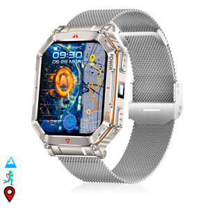 Smartwatch KR92 con chiamate BT, GPS, strumenti di esplorazione, monitor cardiaco, ChatGPT e + di 100 modalità sportive. Cinturino metallico.