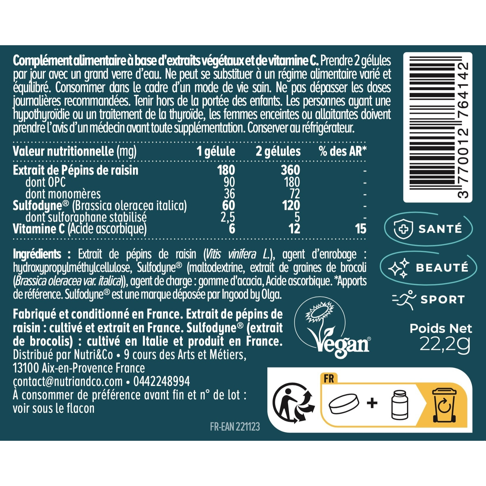 Nutri&Co Antioxydant Extrait Pépins de Raisin OPC Anti-Âge - 60 gélules Vegan