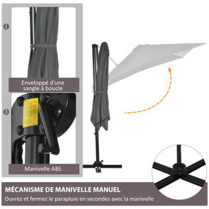 Parasol déporté carré inclinable manivelle avec pied en acier dim. 2,45L x 2,45l x 2,45H m métal alu. polyester haute densité gris