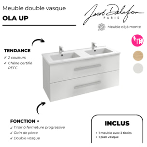 Meuble double vasque 120 cm Ola Up blanc brillant + colonne + miroir et spots