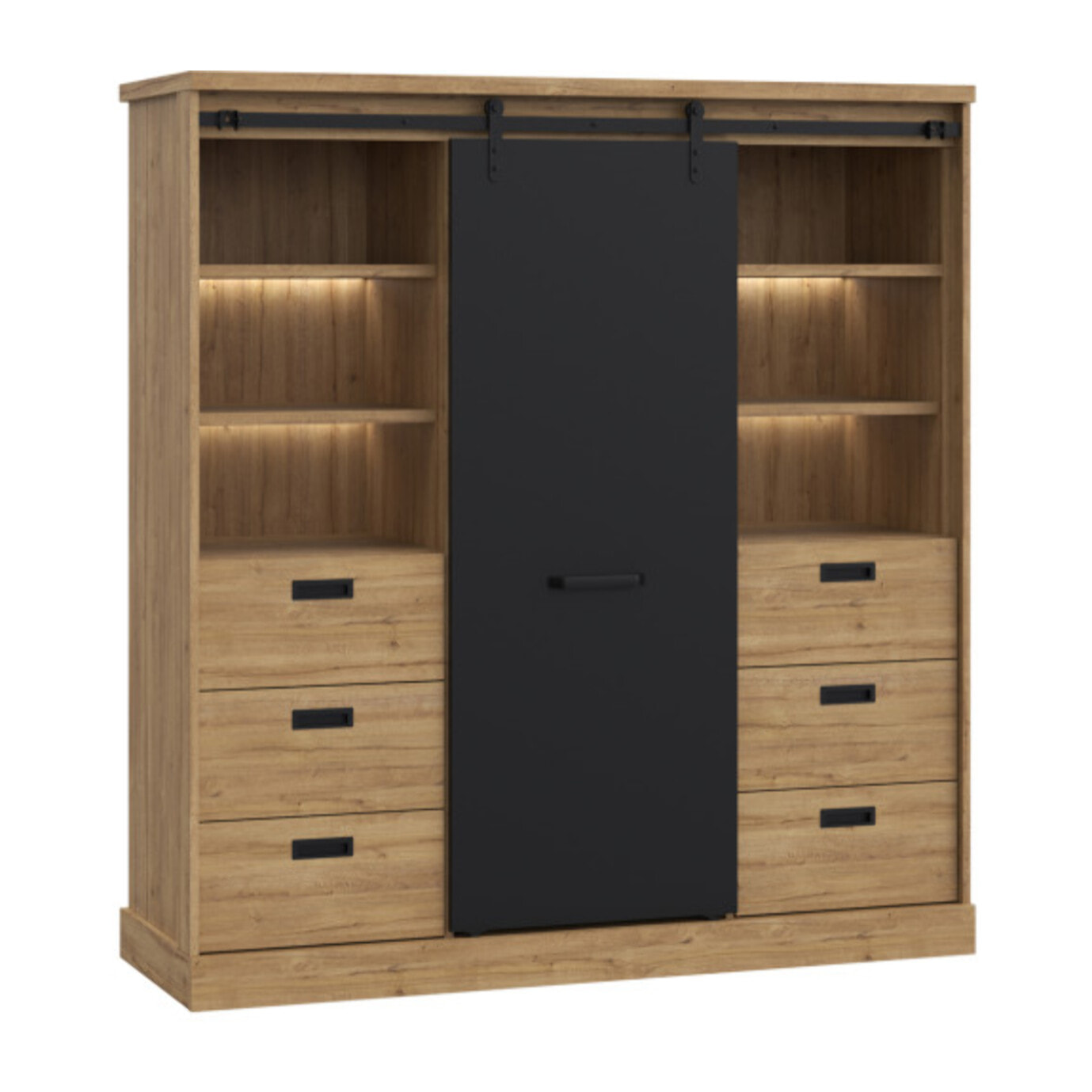 Buffet haut et large avec LED en bois effet chêne et noir - FACTORY