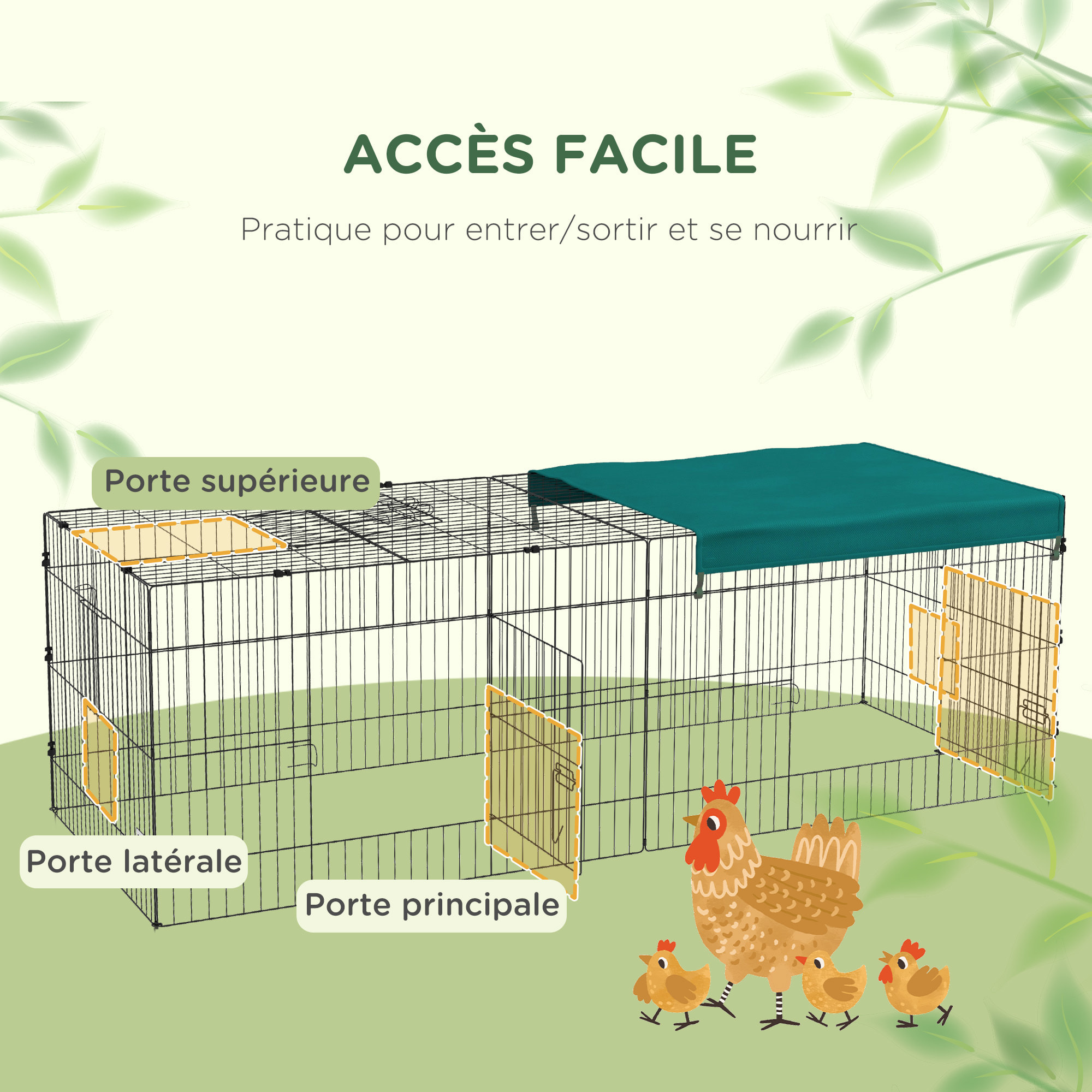 Parc enclos petits animaux - 2 portes, 3 trappes nourrissages, zone couverte - acier noir polyester vert