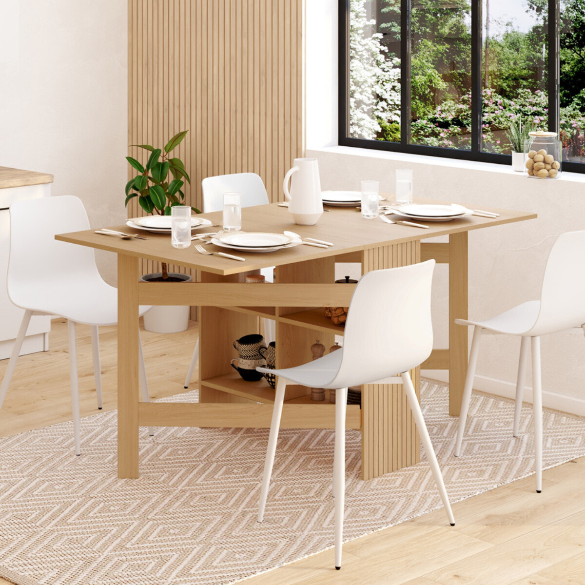 Table à manger dépliable Faustine avec rangement intégré bois et lattes 150cm