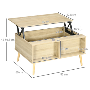 Table basse relevable - 2 niches, coffre de rangement - dim. 85L x 60l x 59,5H cm - aspect bois chêne clair