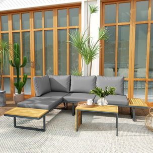 Ensemble salon de jardin 4 places modulable réglable avec table basse acier gris bois d'acacia verni