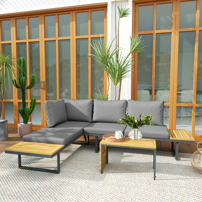Ensemble salon de jardin 4 places modulable réglable avec table basse acier gris bois d'acacia verni