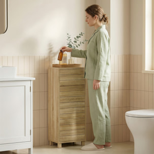 Armario de Baño Estrecho, Mueble Auxiliar de Baño con Puerta de Listones, 3 Estantes y Estante Ajustable, Apertura por Presión, Ahorro Espacio, 34x23x84 cm, Natural