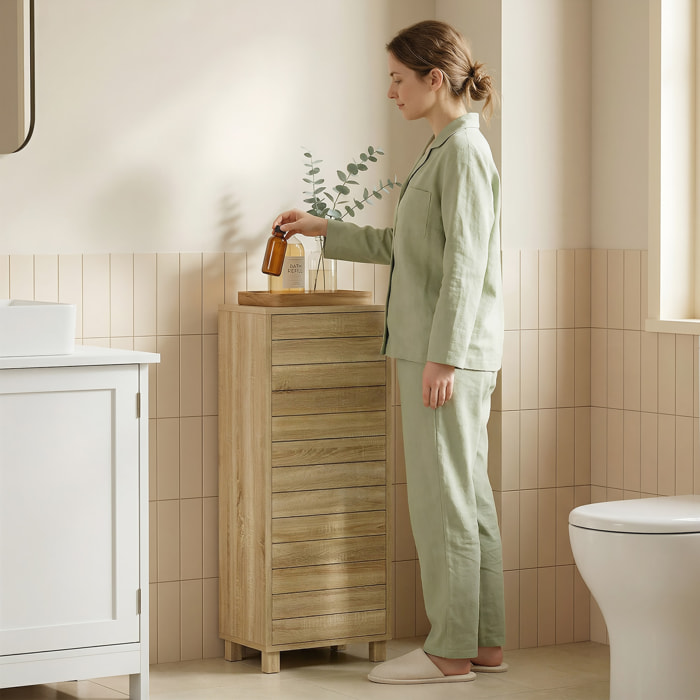 Armario de Baño Estrecho, Mueble Auxiliar de Baño con Puerta de Listones, 3 Estantes y Estante Ajustable, Apertura por Presión, Ahorro Espacio, 34x23x84 cm, Natural