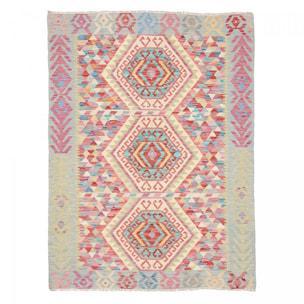 Tapis kilim au motif ethnique, tissé à plat en laine naturelle