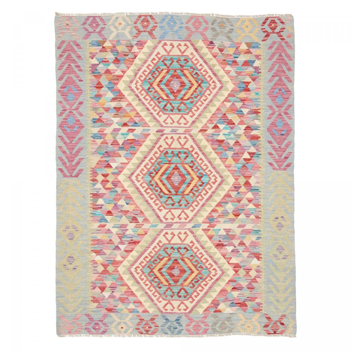 Tapis kilim au motif ethnique, tissé à plat en laine naturelle