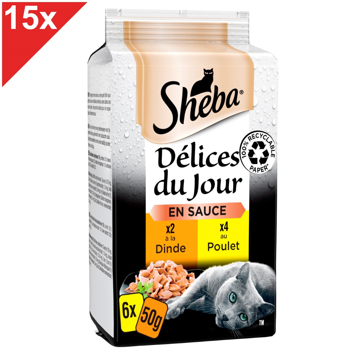 SHEBA Délices du Jour 90 Sachets poulet dinde en sauce pour chat 50g (15x6)