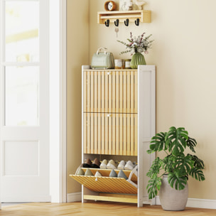 Zapatero Estrecho con 3 Puertas de Bambú con Listones Zapatero Entrada Recibidor con Estantes Ajustables para 18 Pares de Zapatos 60x24x118 cm Blanco y Natural