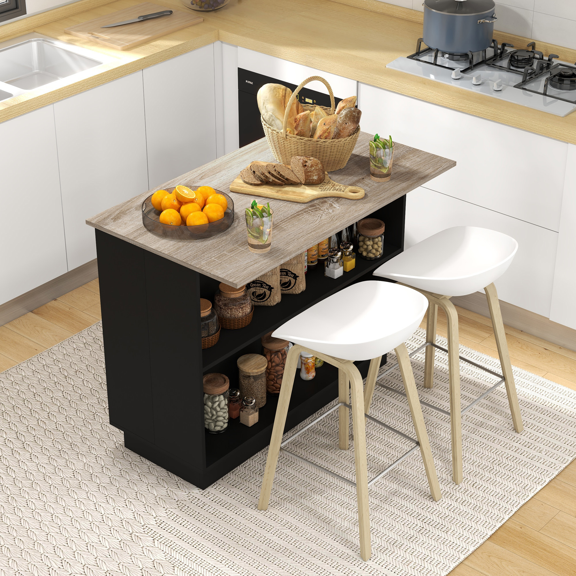 Isla de Cocina Mueble Auxiliar de Cocina con 2 Estantes Abiertos 2 Puertas y Estantes Ajustables Estilo Moderno Carga 100 kg 105x60x82 cm Negro y Roble