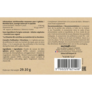 NUTRI EXPERT - Levure de bière - Beauté et santé des cheveux et des ongles - Concentré de nutriments - 60 gélules végétales - Cure 30 jours